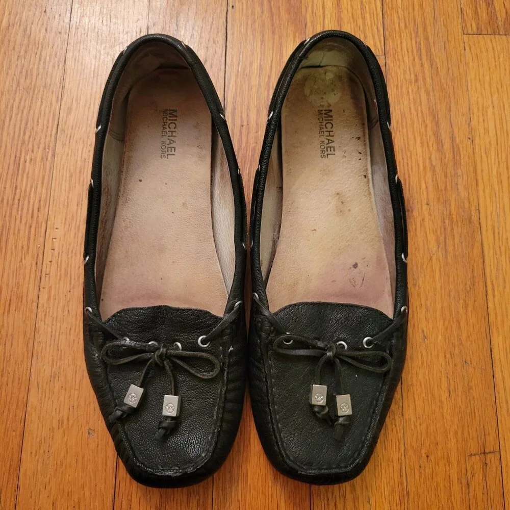 Michael Kors Black Leather Loafers Driving 8.5M Boat Shoes Moc‎ Toe AMBER